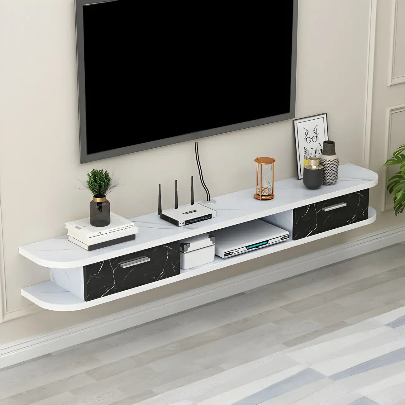 Meuble TV contemporain suspendu en bois noir avec rangement ouvert