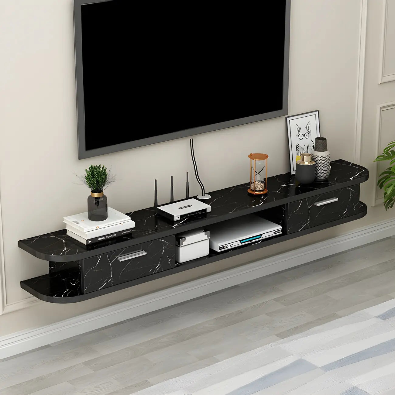 Meuble TV contemporain suspendu en bois noir avec rangement ouvert