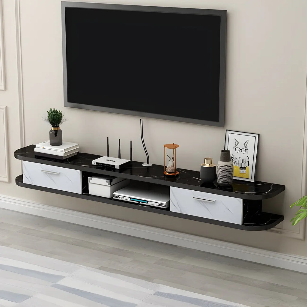 Meuble TV contemporain suspendu en bois noir avec rangement ouvert