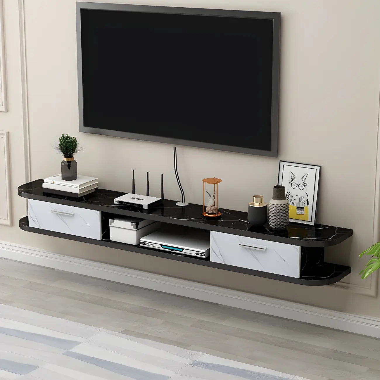 Meuble TV contemporain suspendu en bois noir avec rangement ouvert