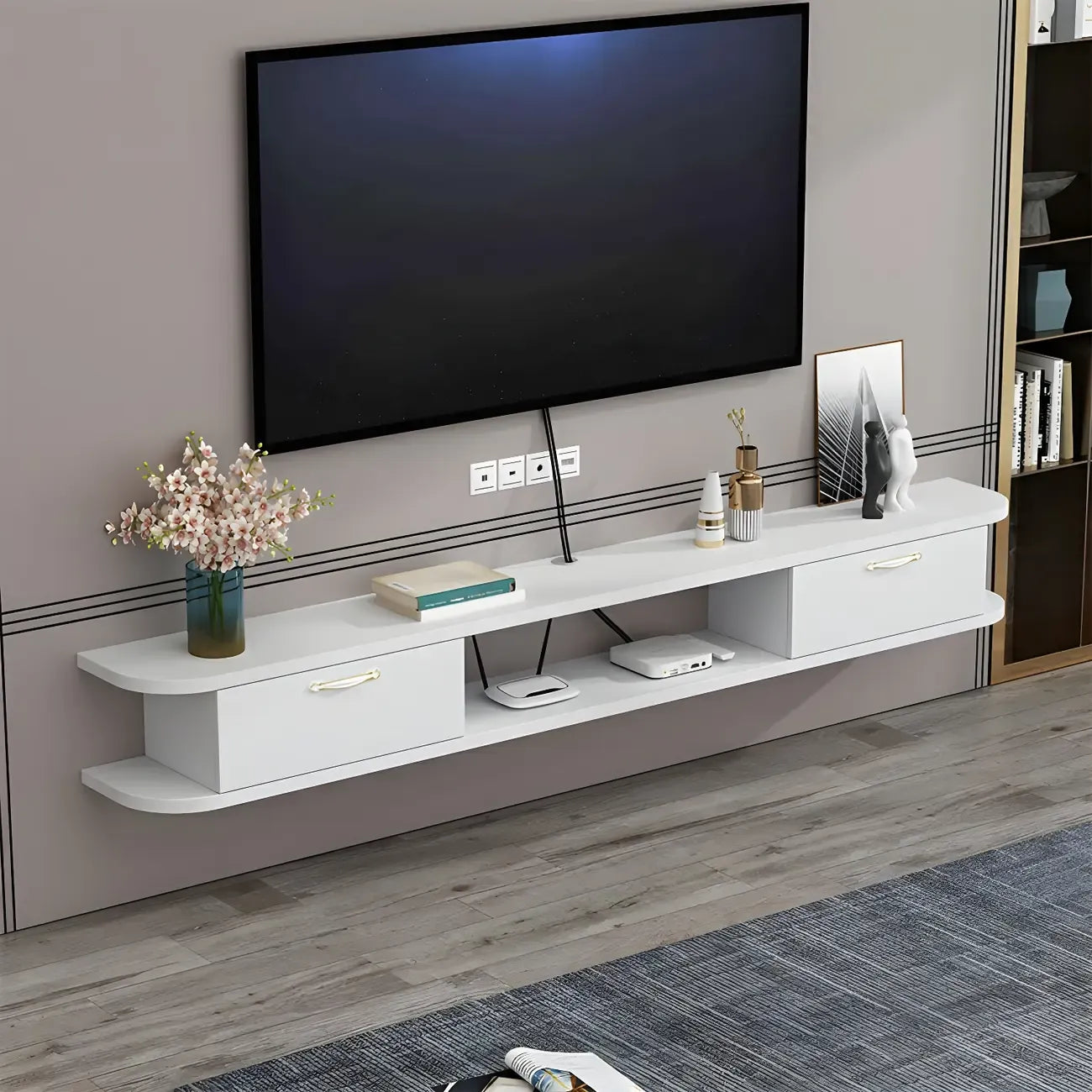 Meuble TV contemporain suspendu en bois noir avec rangement ouvert