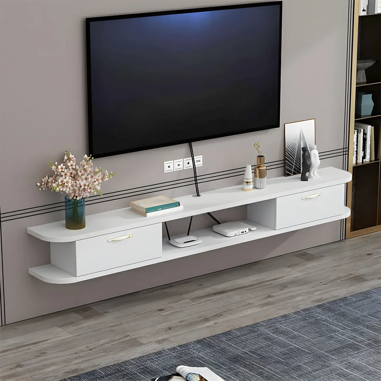 Meuble TV contemporain suspendu en bois noir avec rangement ouvert