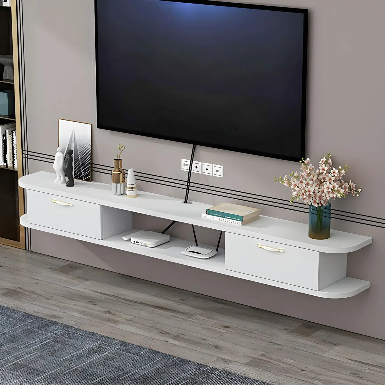 Meuble TV contemporain suspendu en bois noir avec rangement ouvert