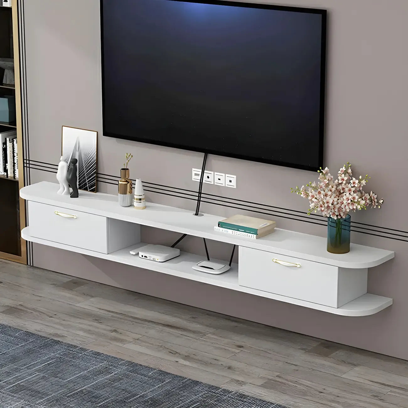 Meuble TV contemporain suspendu en bois noir avec rangement ouvert