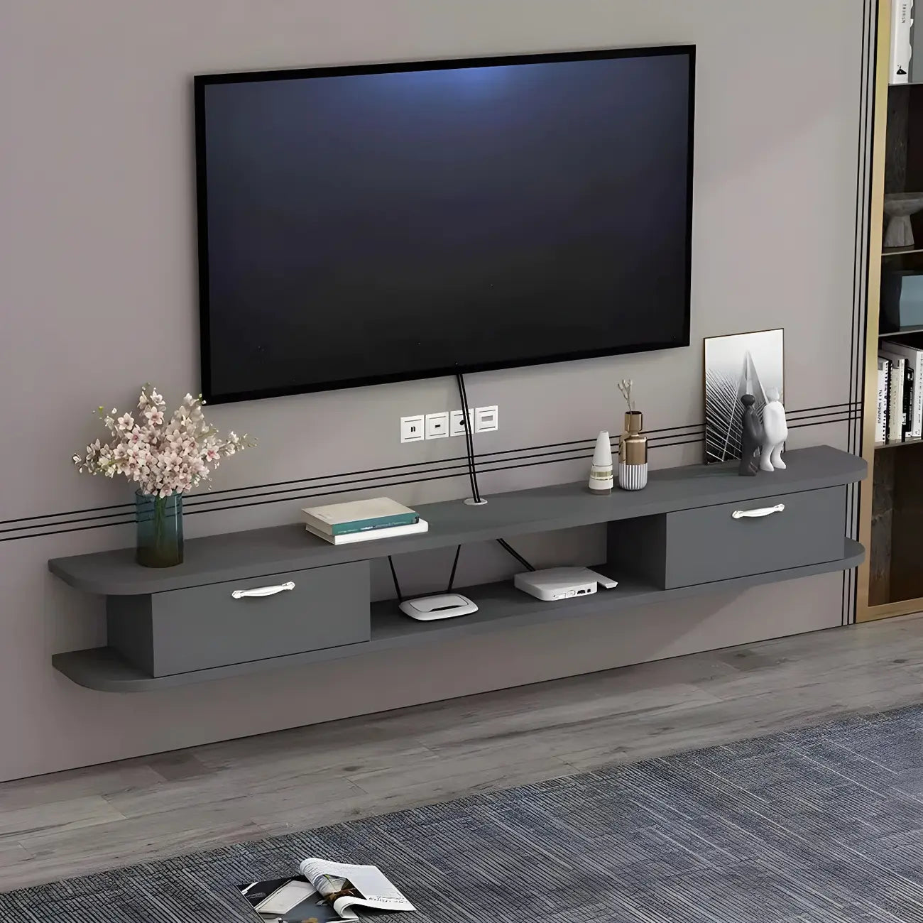 Meuble TV contemporain suspendu en bois noir avec rangement ouvert