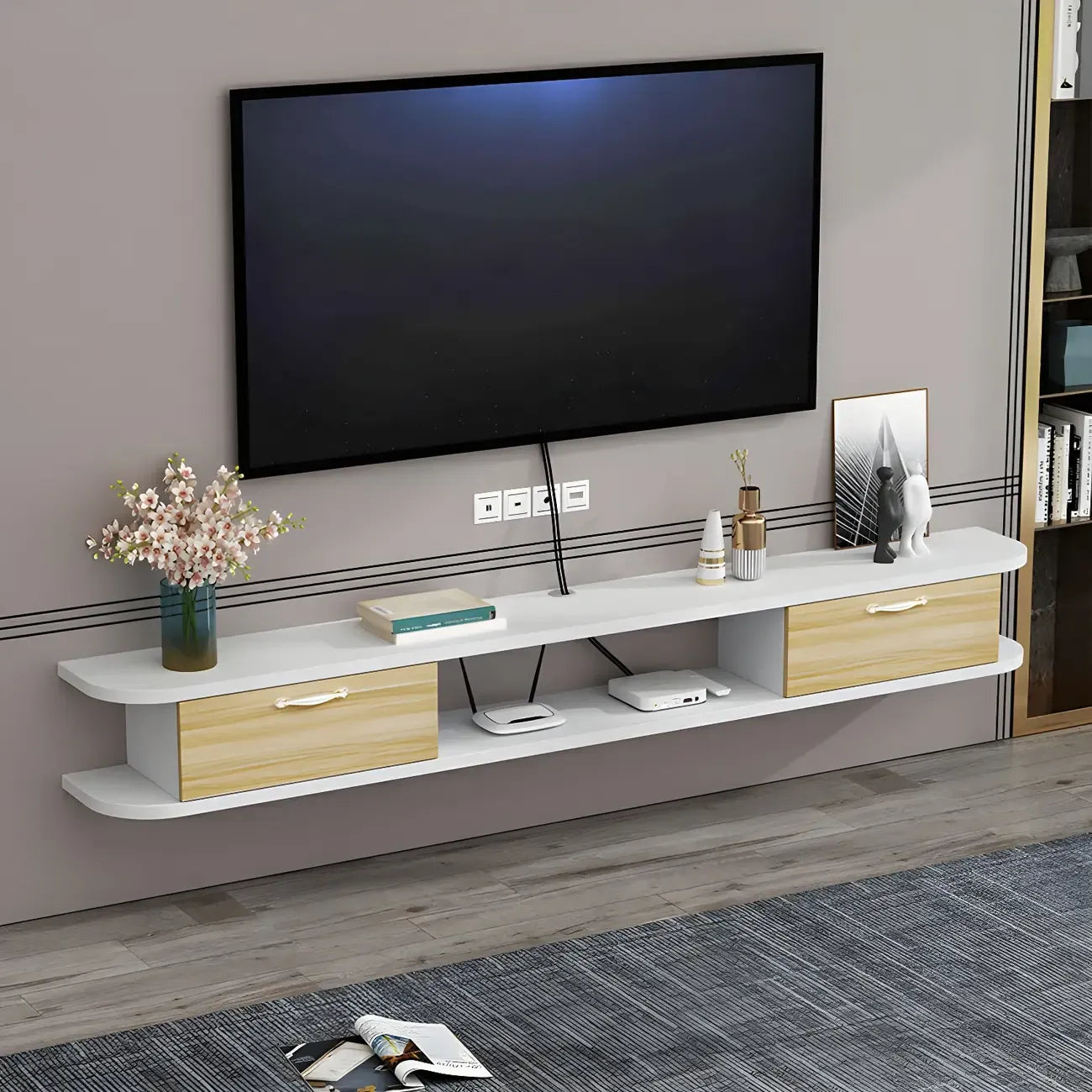 Meuble TV contemporain suspendu en bois noir avec rangement ouvert