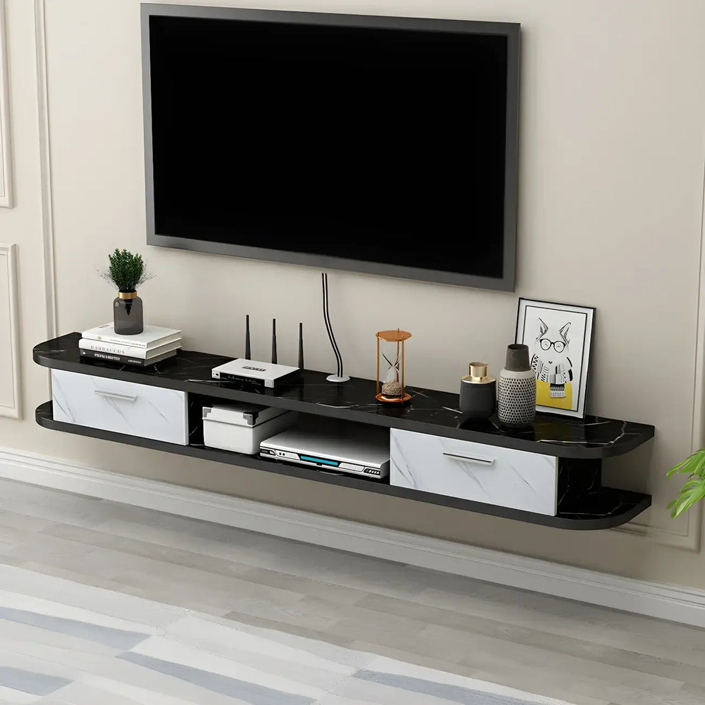 Meuble TV contemporain suspendu en bois noir avec rangement ouvert
