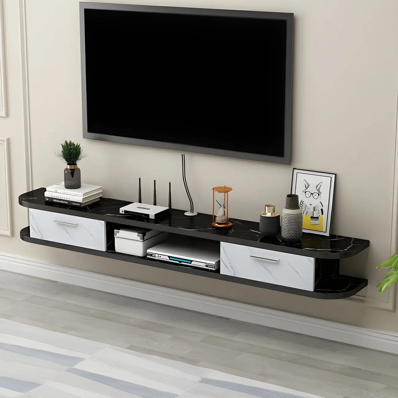 Meuble TV contemporain suspendu en bois noir avec rangement ouvert