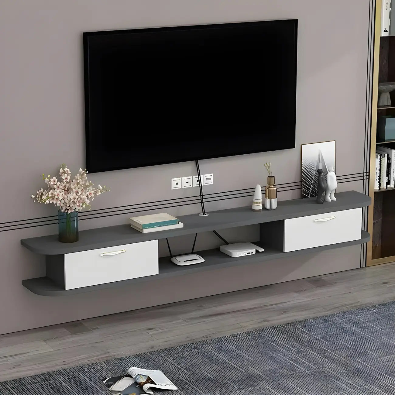 Meuble TV contemporain suspendu en bois noir avec rangement ouvert