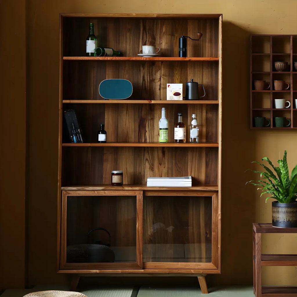 Vitrine standard à porte coulissante en bois brun et verre
