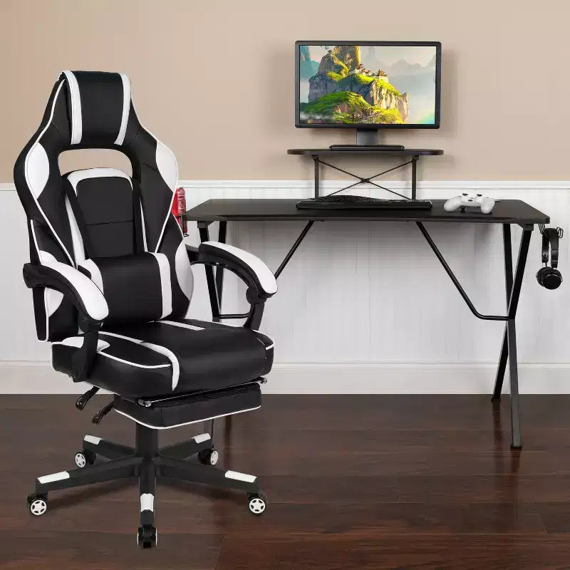Bureau de jeu Flash Furniture avec porte-gobelet/crochet pour casque/support d'écran et chaise de jeu inclinable avec repose-pieds