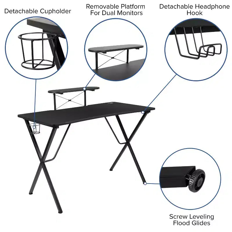 Bureau de jeu Flash Furniture avec porte-gobelet/crochet pour casque/support d'écran et chaise de jeu inclinable avec repose-pieds