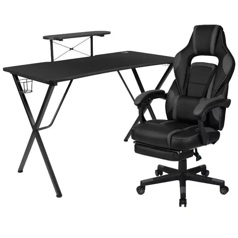 Flash Furniture Gaming Desk with Cup Holder/Headphone Hook/Monitor Stand & Reclining Back/Arms Gaming Chair with Footrest