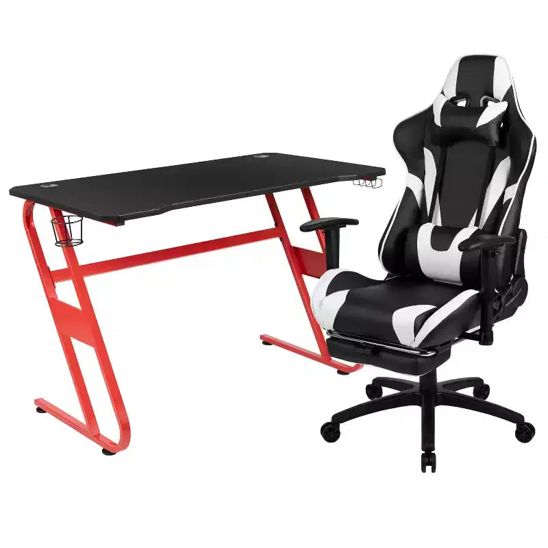 Ensemble bureau Emma et Oliver - Bureau gaming, porte-gobelet, support casque et fauteuil inclinable