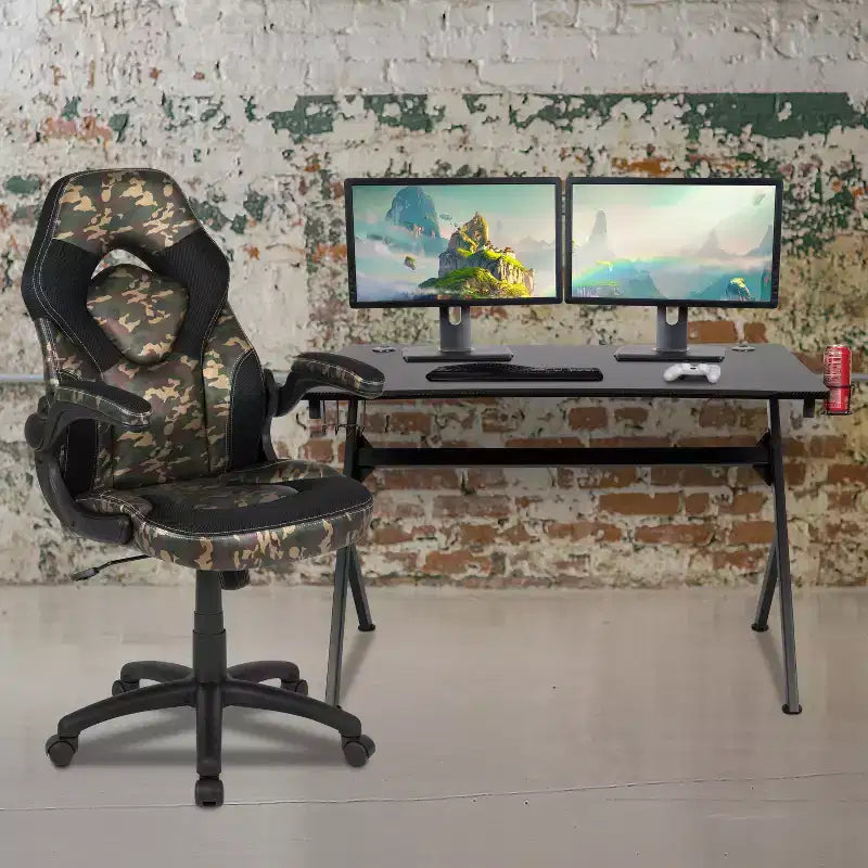 Ensemble bureau gamer et chaise de course Flash Furniture avec porte-gobelet, support de casque et 2 trous de gestion des câbles