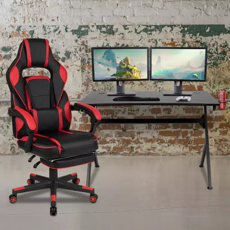 Bureau de jeu Flash Furniture avec porte-gobelet/crochet pour casque/2 trous de gestion des câbles et fauteuil de jeu inclinable avec accoudoirs et repose-pieds