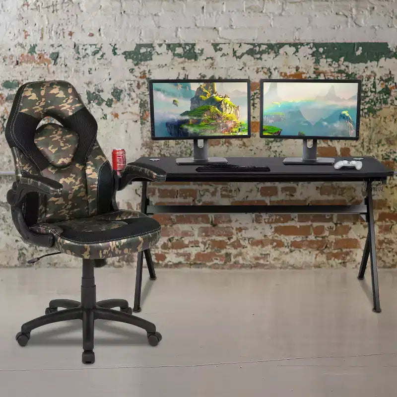 Ensemble bureau de jeu et chaise de course Flash Furniture avec porte-gobelet, crochet pour casque et tapis de souris amovible – 2 trous de gestion des câbles