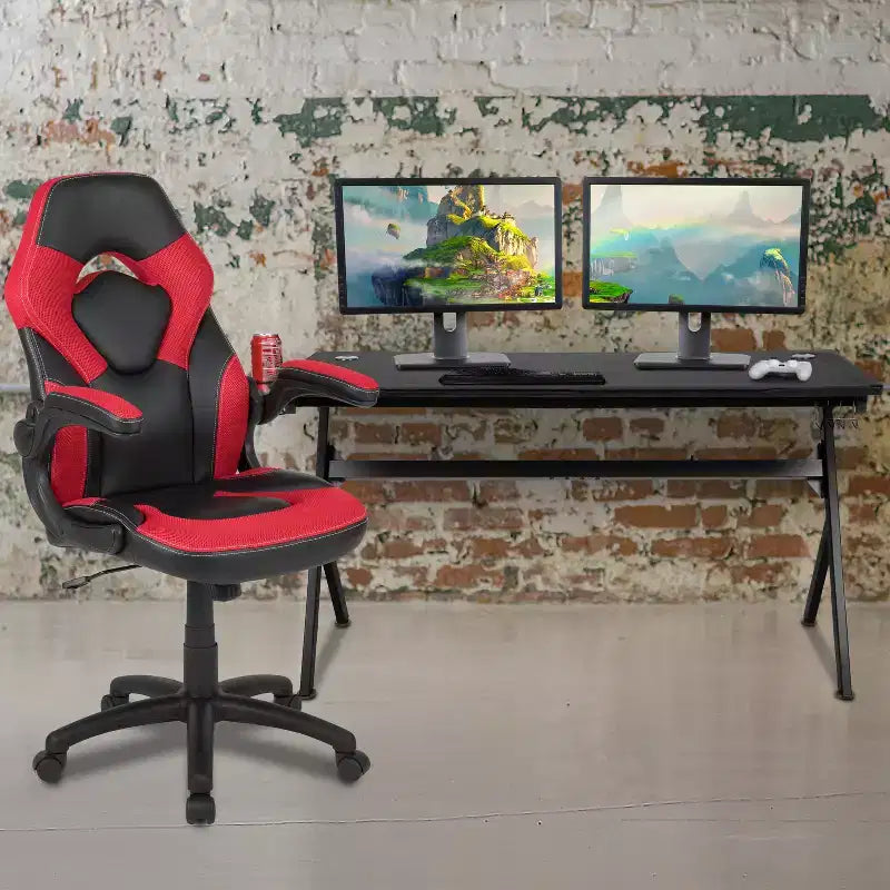 Ensemble bureau de jeu et chaise de course Flash Furniture avec porte-gobelet, crochet pour casque et tapis de souris amovible – 2 trous de gestion des câbles