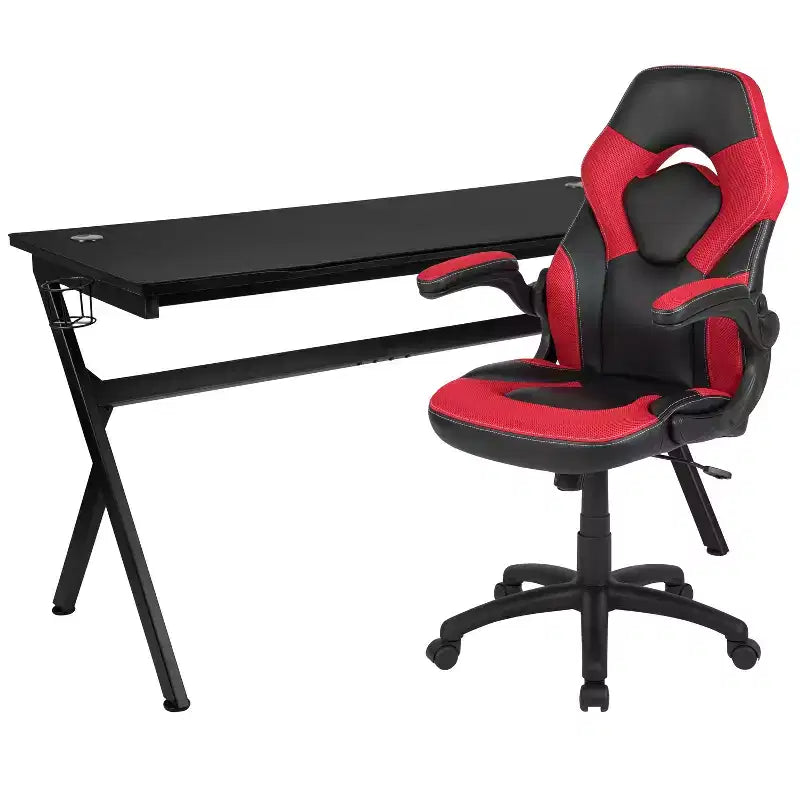 Ensemble bureau de jeu et chaise de course Flash Furniture avec porte-gobelet, crochet pour casque et tapis de souris amovible – 2 trous de gestion des câbles
