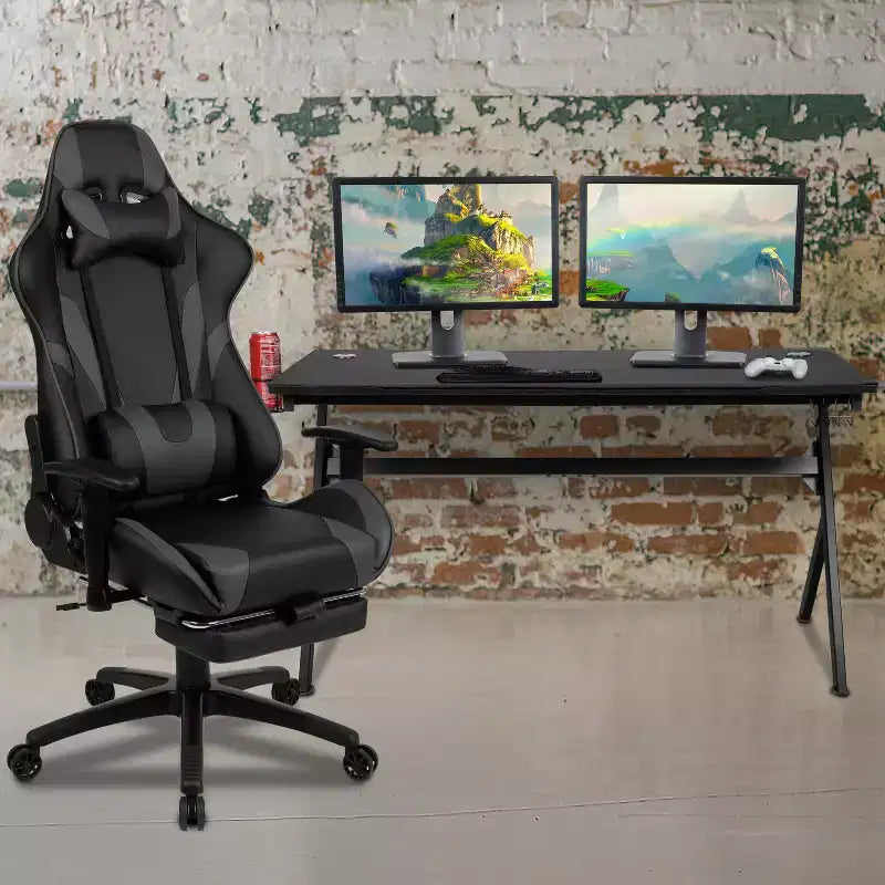 Flash Furniture Bureau de jeu et ensemble chaise de jeu inclinable avec repose-pieds - Porte-gobelet/Crochet pour casque/Tapis de souris amovible/Gestion des câbles
