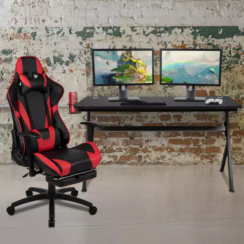 Flash Furniture Bureau de jeu et ensemble chaise de jeu inclinable avec repose-pieds - Porte-gobelet/Crochet pour casque/Tapis de souris amovible/Gestion des câbles