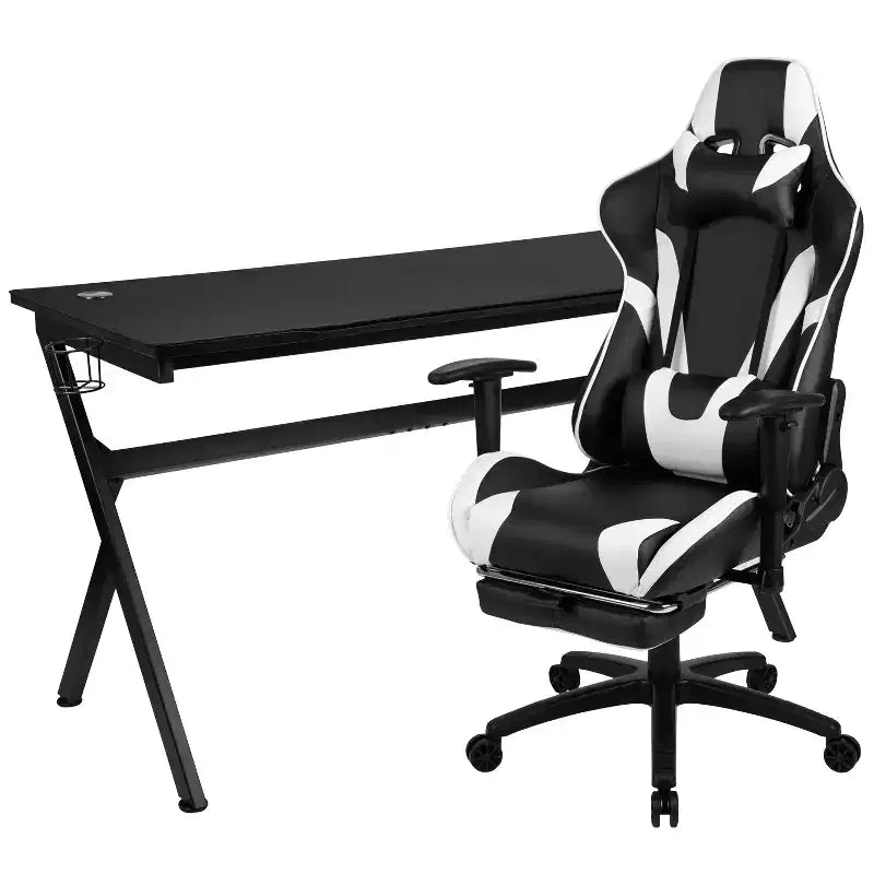 Flash Furniture Bureau de jeu et ensemble chaise de jeu inclinable avec repose-pieds - Porte-gobelet/Crochet pour casque/Tapis de souris amovible/Gestion des câbles