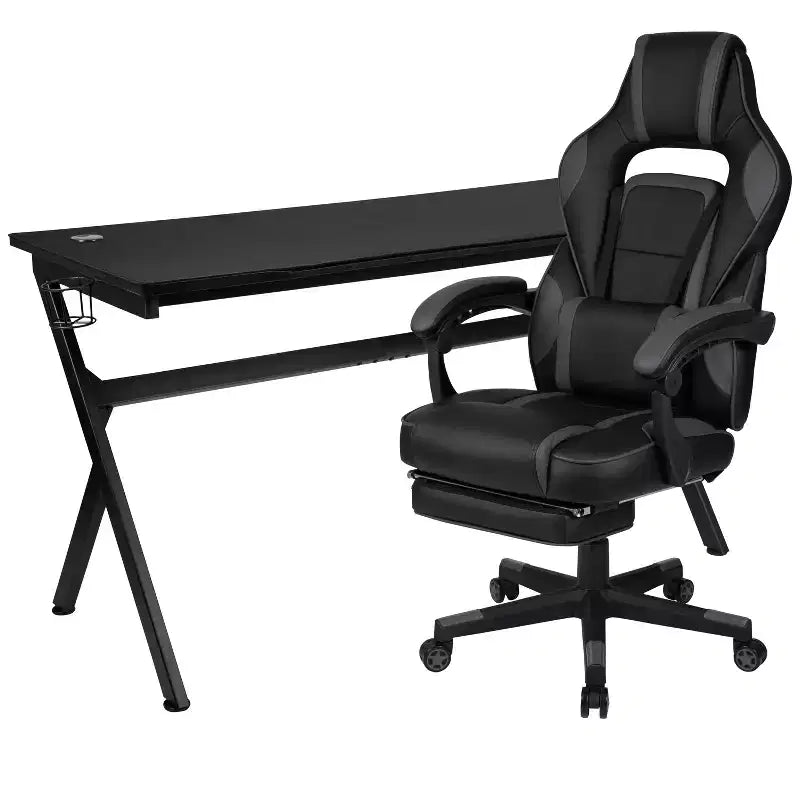 Bureau de jeu Flash Furniture avec porte-gobelet/crochet pour casque/tapis de souris amovible et chaise de jeu avec dossier inclinable/accoudoirs et repose-pieds