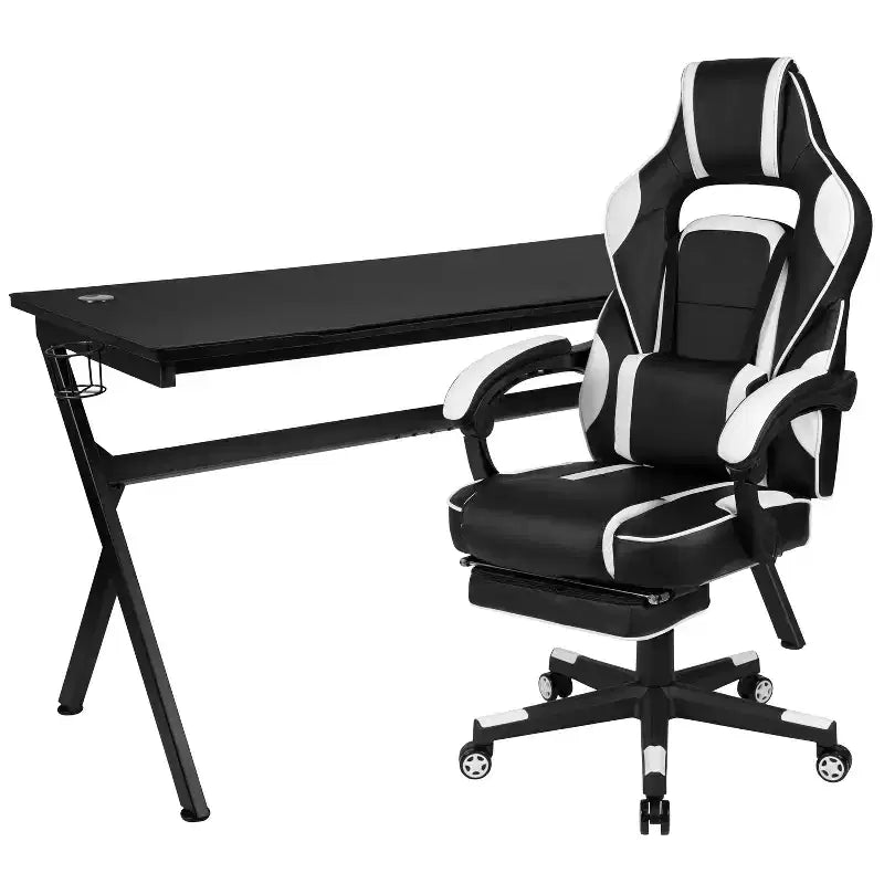 Bureau de jeu Flash Furniture avec porte-gobelet/crochet pour casque/tapis de souris amovible et chaise de jeu avec dossier inclinable/accoudoirs et repose-pieds