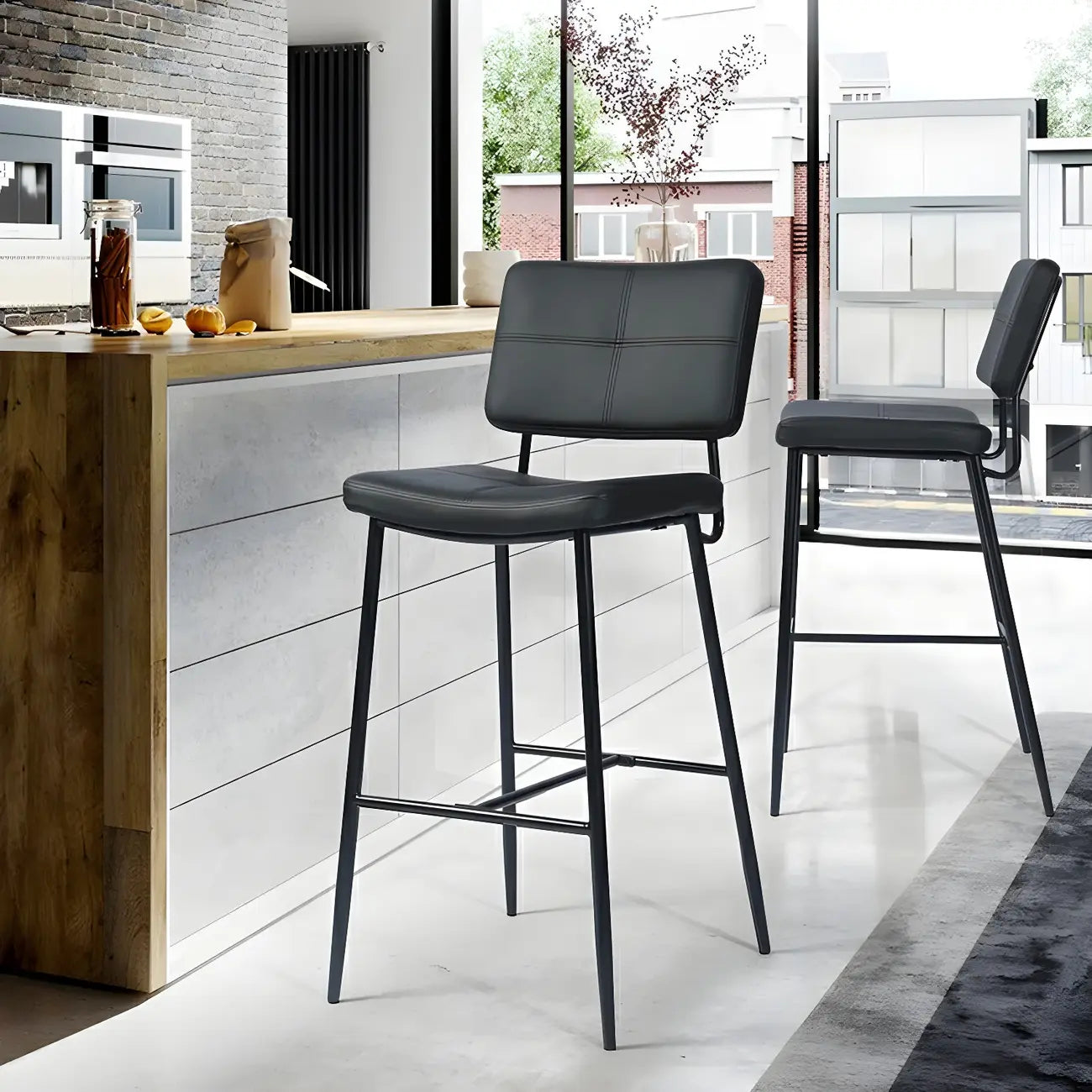 Tabourets de bar/comptoir bas en cuir noir pour cuisine