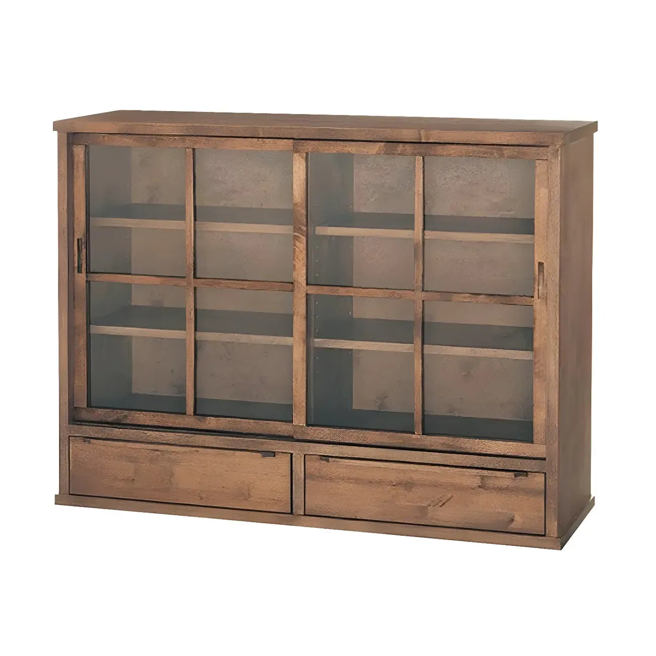 Credenza in legno marrone con ante in vetro e ripiani regolabili