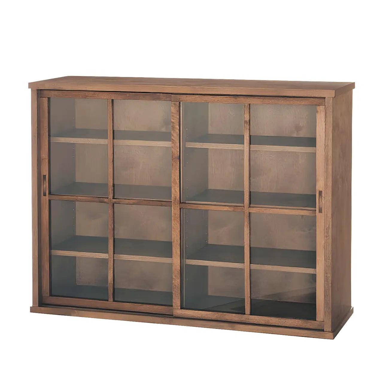 Credenza in legno marrone con ante in vetro e ripiani regolabili