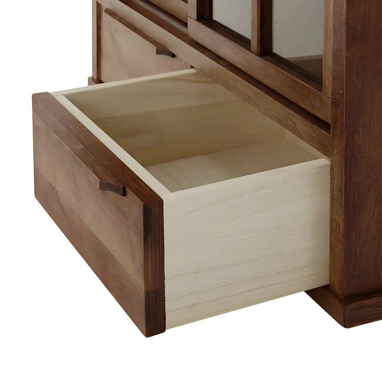 Credenza in legno marrone con ante in vetro e ripiani regolabili