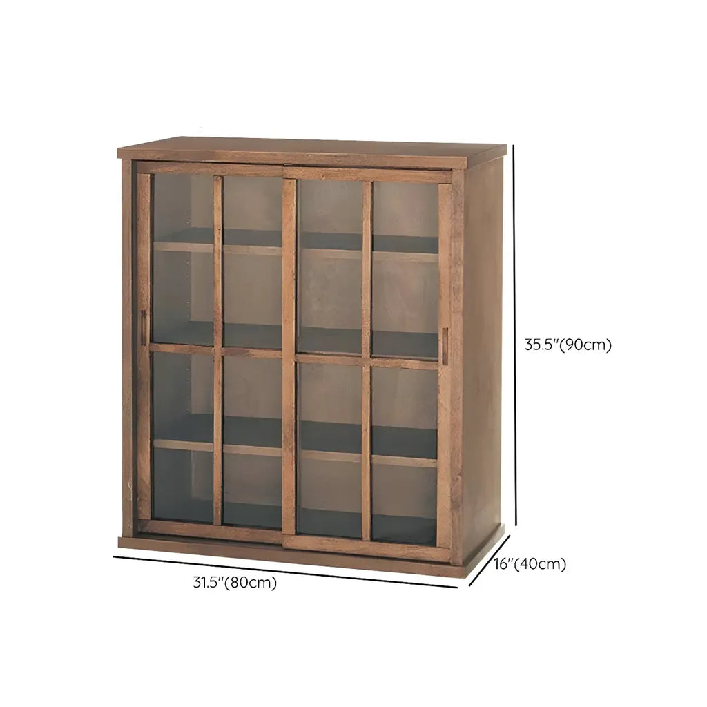 Credenza in legno marrone con ante in vetro e ripiani regolabili