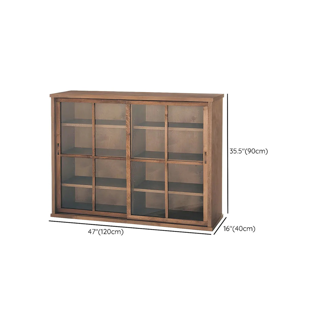 Credenza in legno marrone con ante in vetro e ripiani regolabili