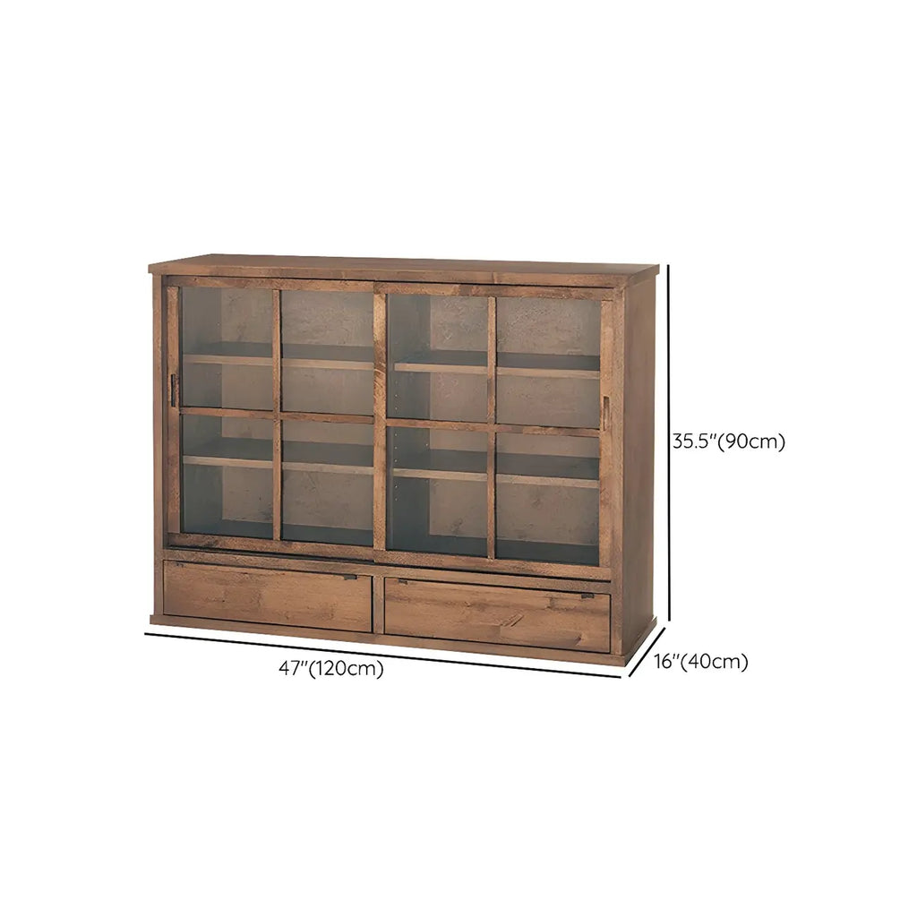Credenza in legno marrone con ante in vetro e ripiani regolabili