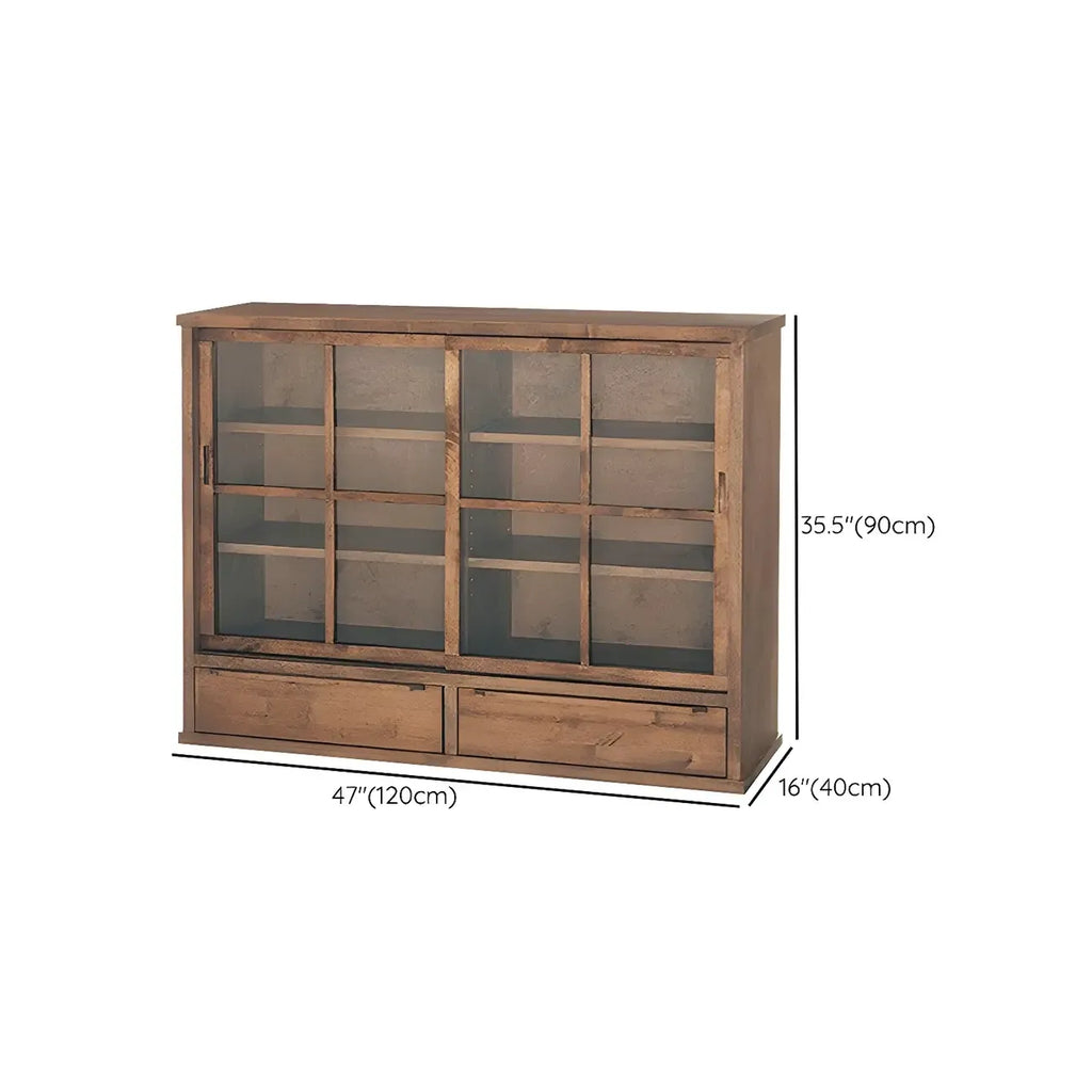 Credenza in legno marrone con ante in vetro e ripiani regolabili