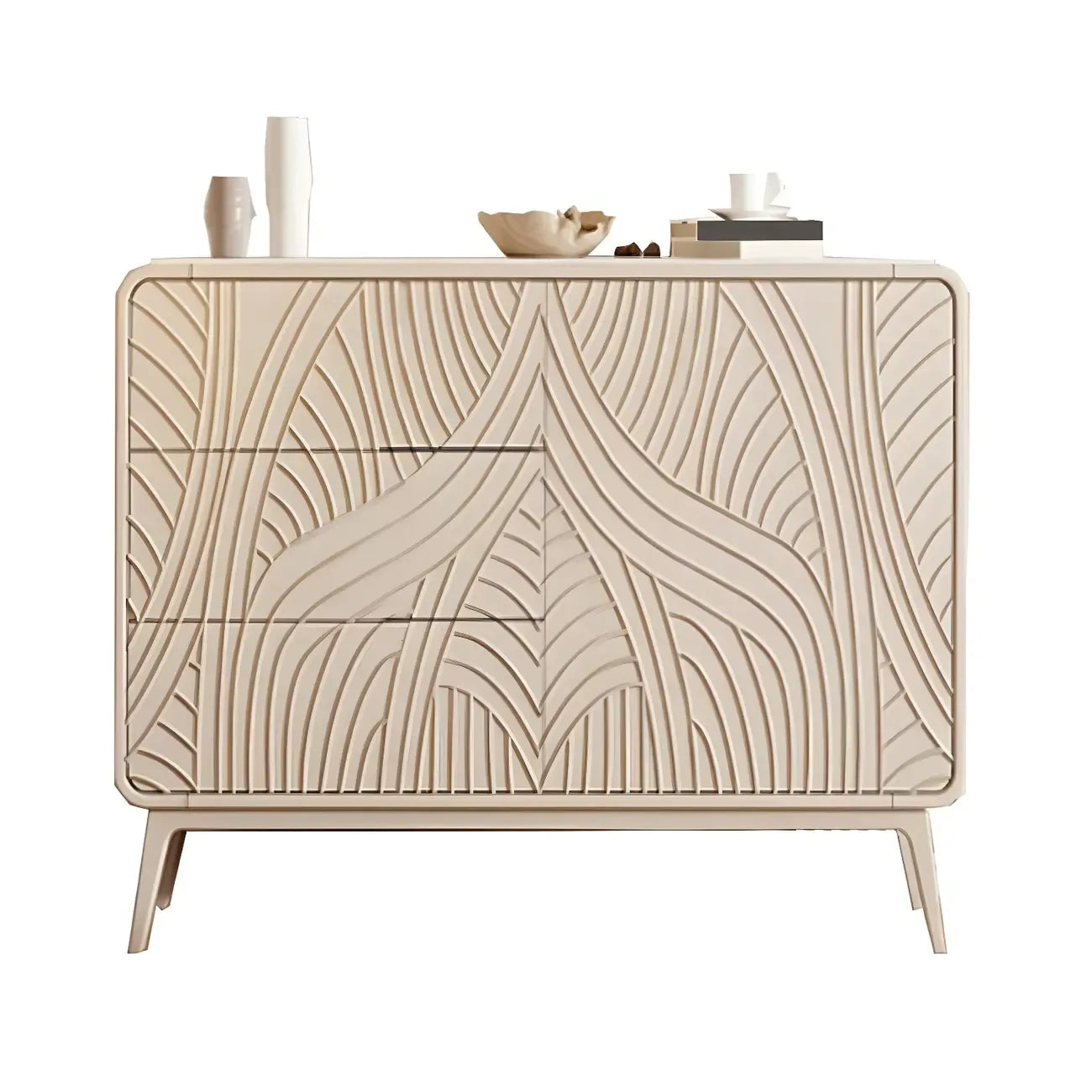 Commode glamour en bois blanc aux lignes saillantes et tiroirs à fermeture douce