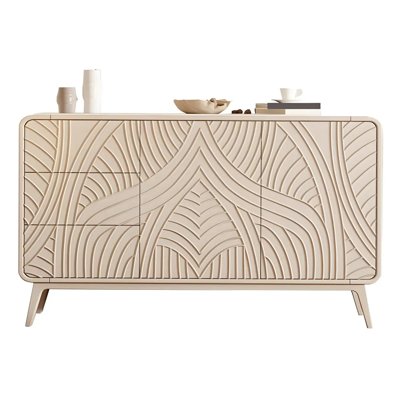 Commode glamour en bois blanc aux lignes saillantes et tiroirs à fermeture douce