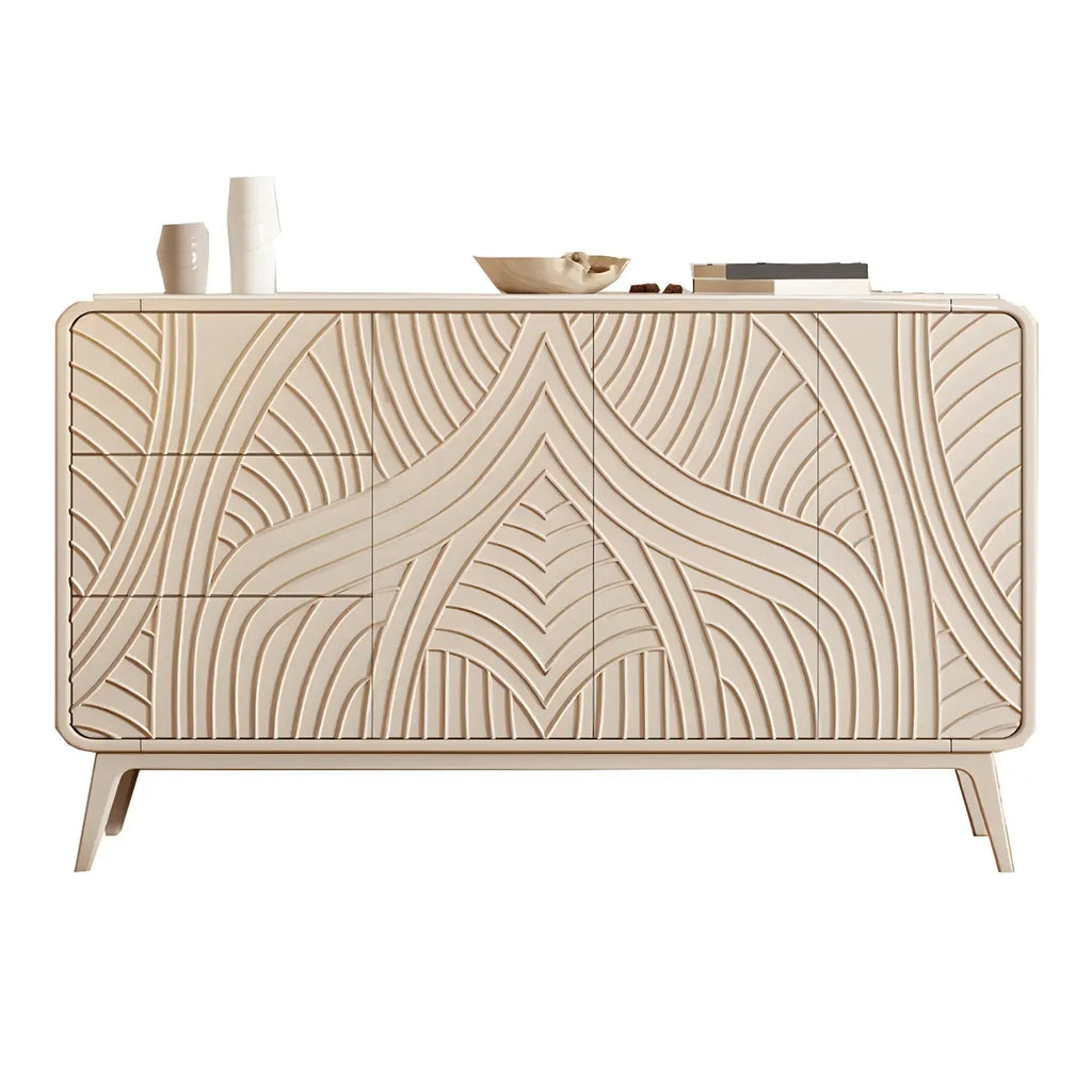 Commode glamour en bois blanc aux lignes saillantes et tiroirs à fermeture douce