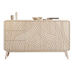 Commode glamour en bois blanc aux lignes saillantes et tiroirs à fermeture douce