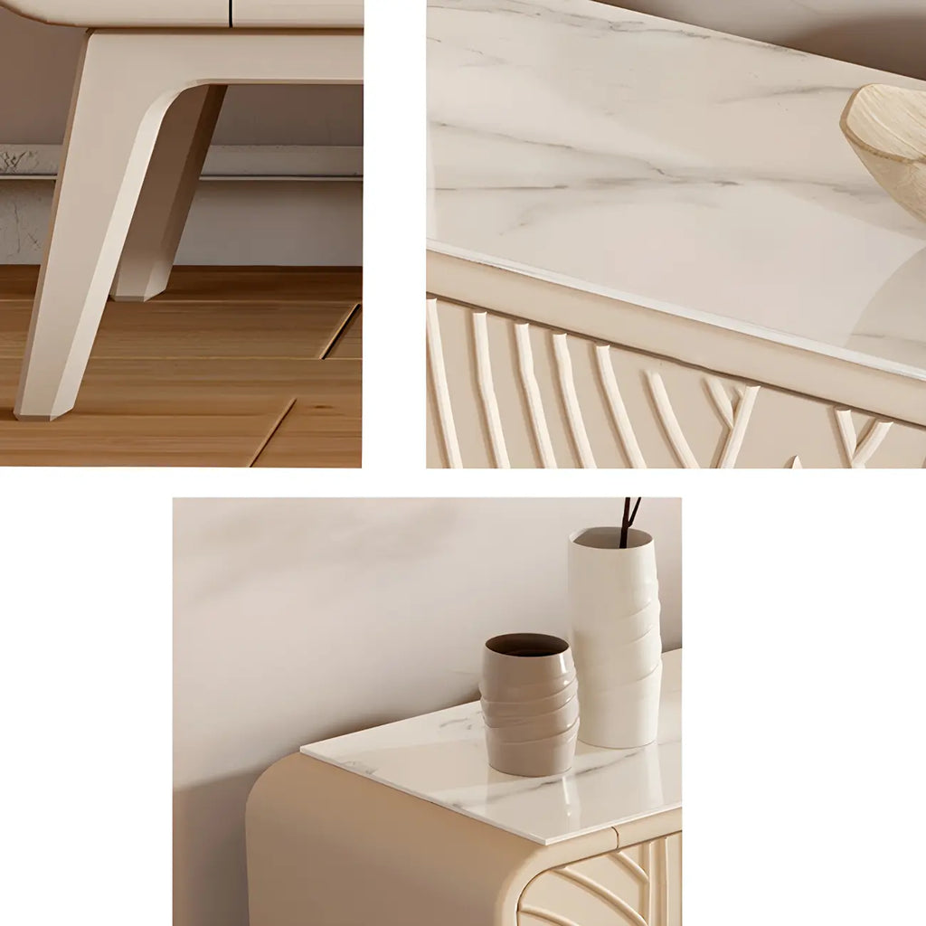 Commode glamour en bois blanc aux lignes saillantes et tiroirs à fermeture douce
