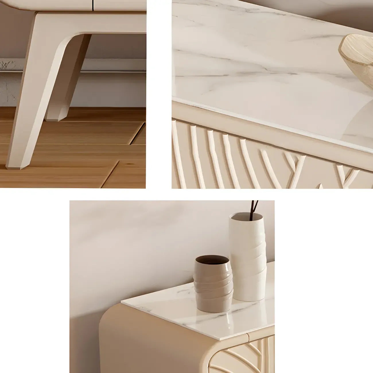 Commode glamour en bois blanc aux lignes saillantes et tiroirs à fermeture douce