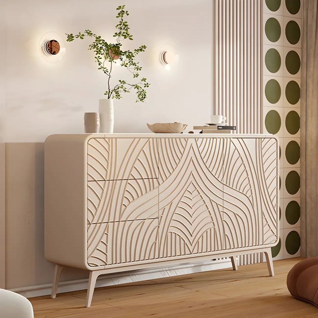 Commode glamour en bois blanc aux lignes saillantes et tiroirs à fermeture douce