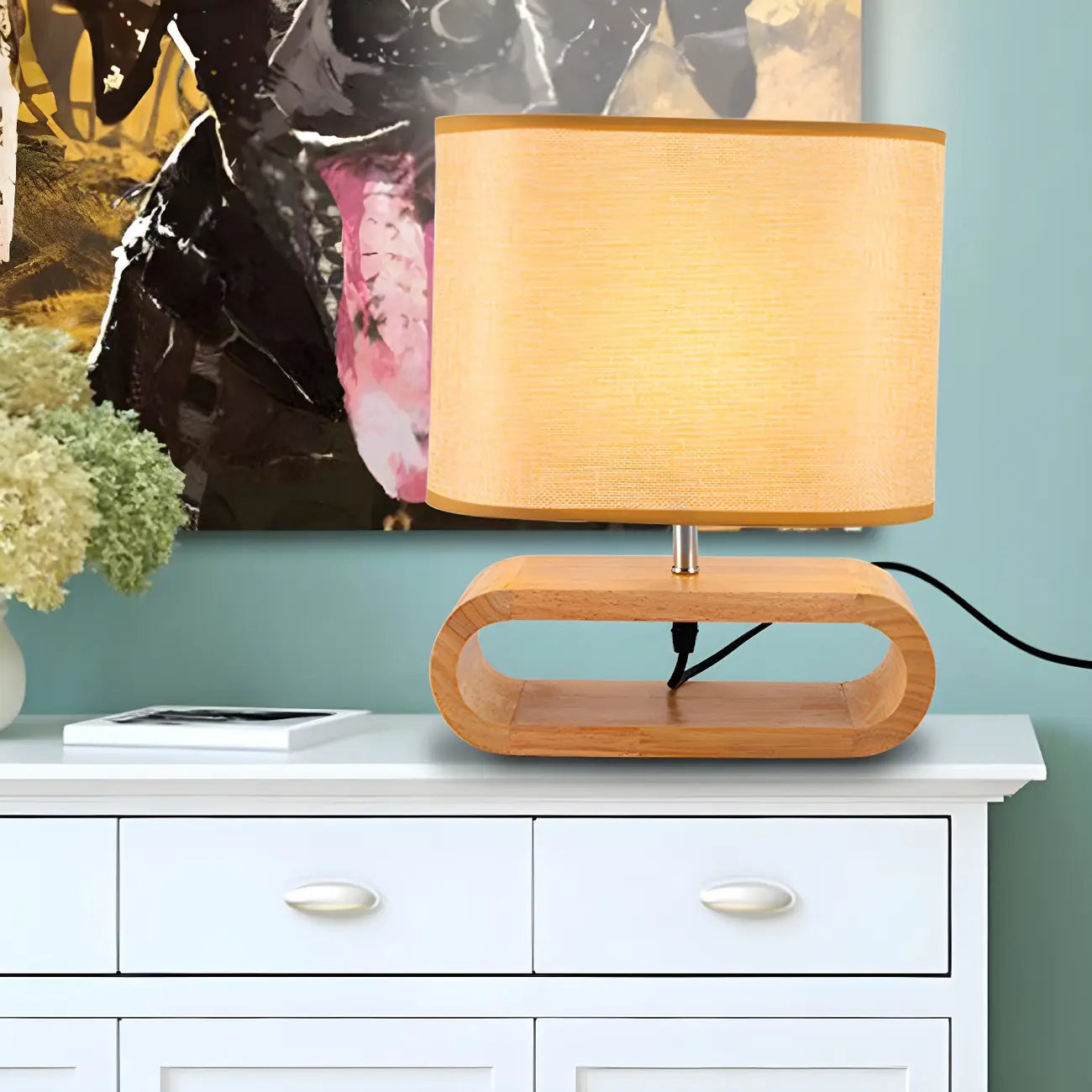 Lampe de chevet LED en bois avec abat-jour en tissu