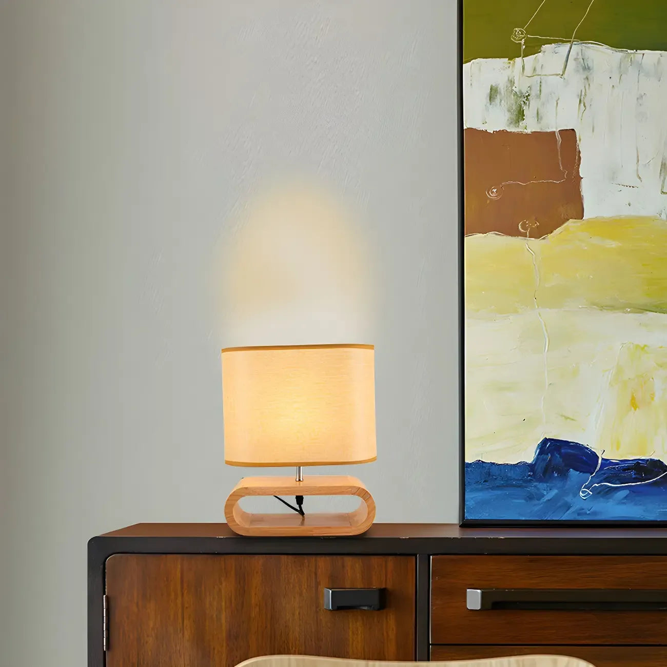 Lampe de chevet LED en bois avec abat-jour en tissu