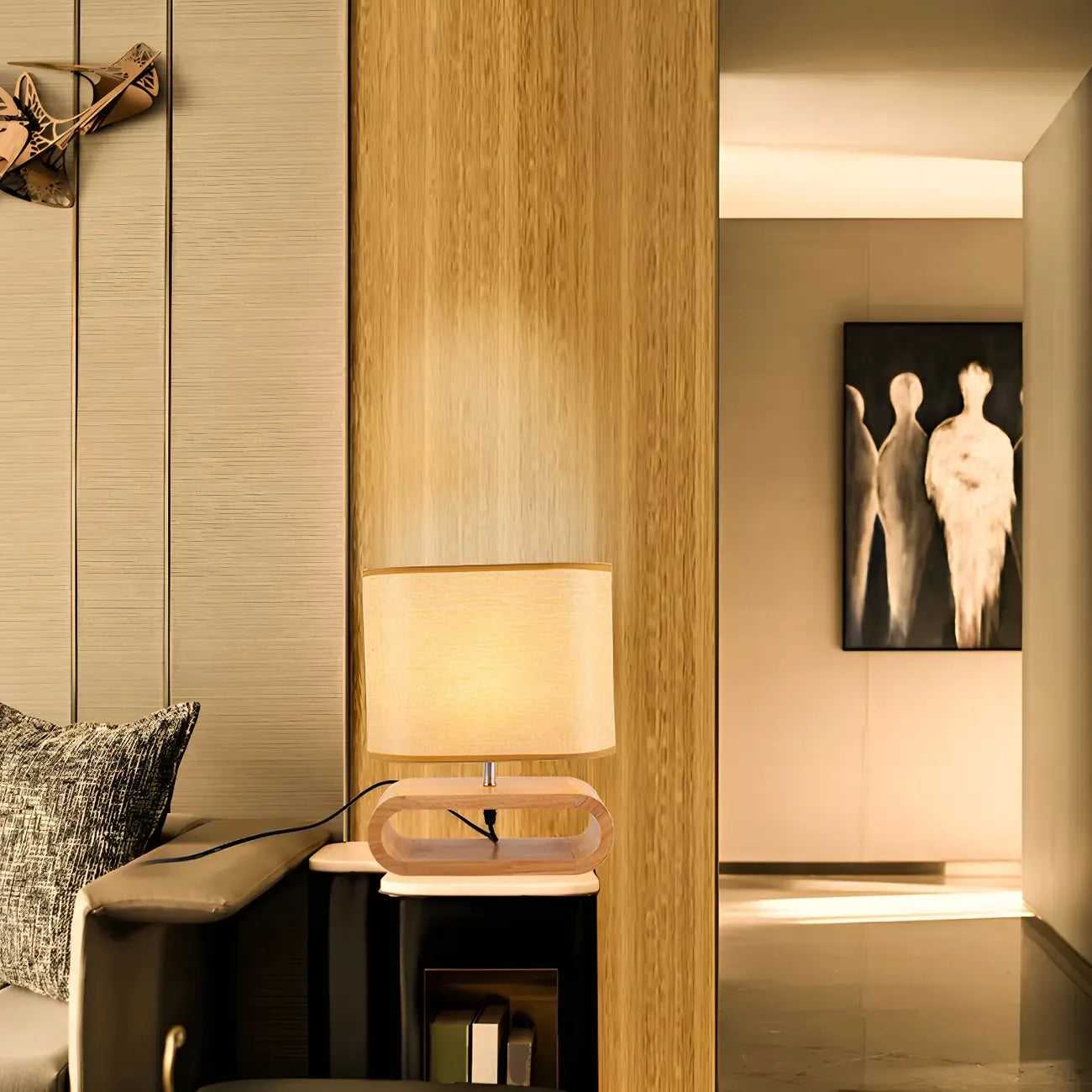 Lampe de chevet LED en bois avec abat-jour en tissu