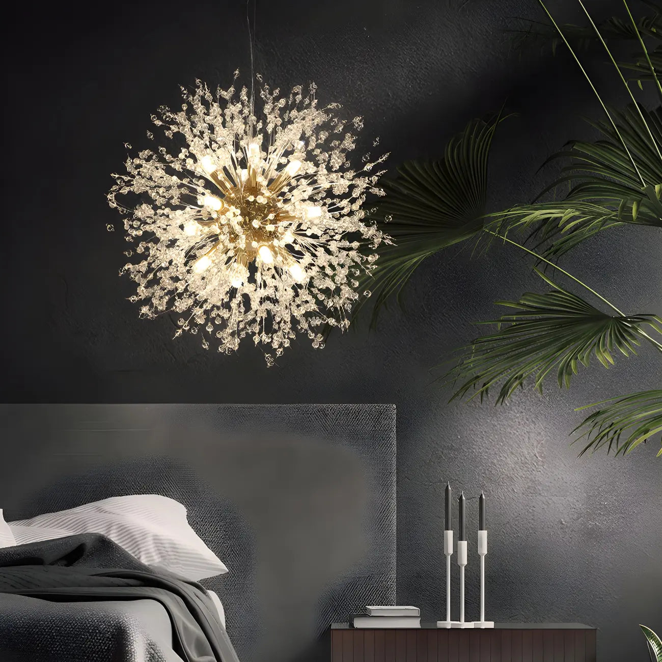 Lampadario Sputnik moderno regolabile con cristalli dorati a esplosione