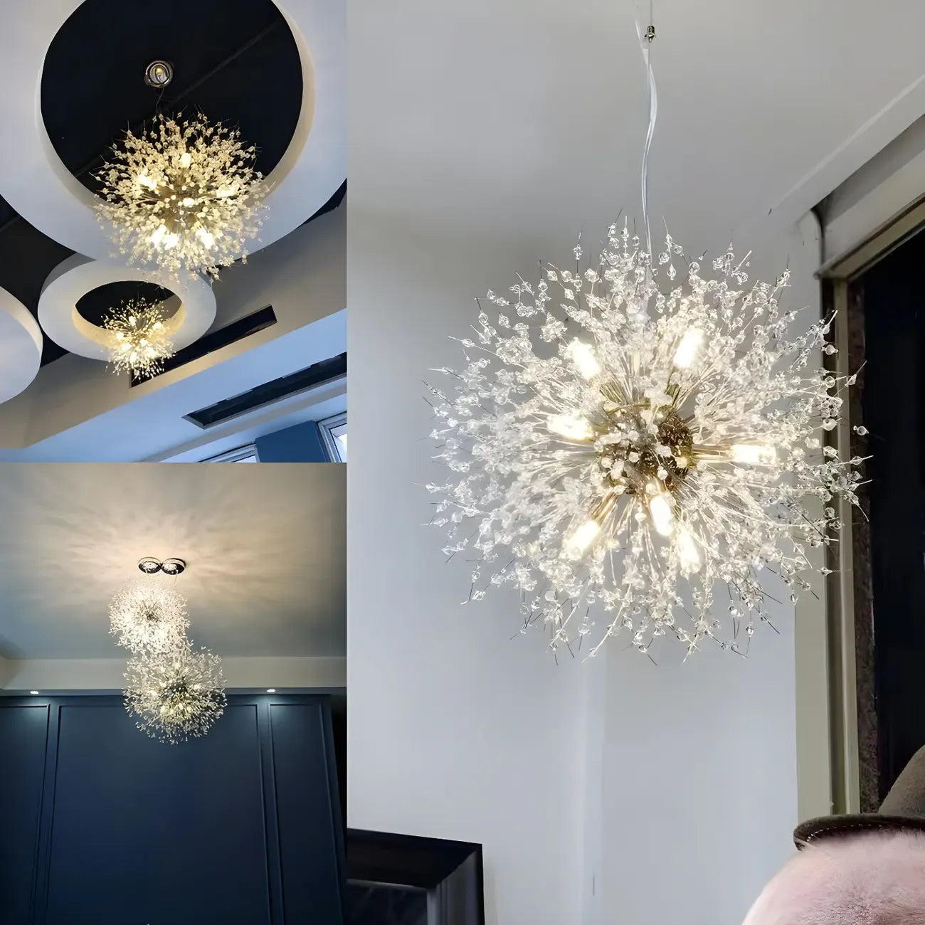 Lampadario Sputnik moderno regolabile con cristalli dorati a esplosione