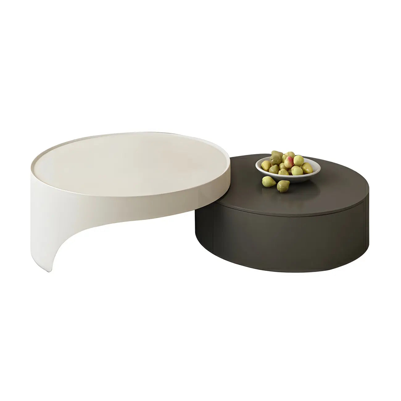 Table basse ronde moderne en bois gris avec tiroir