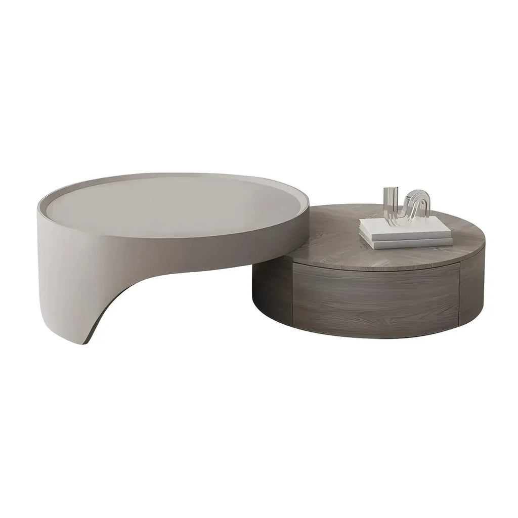 Table basse ronde moderne en bois gris avec tiroir